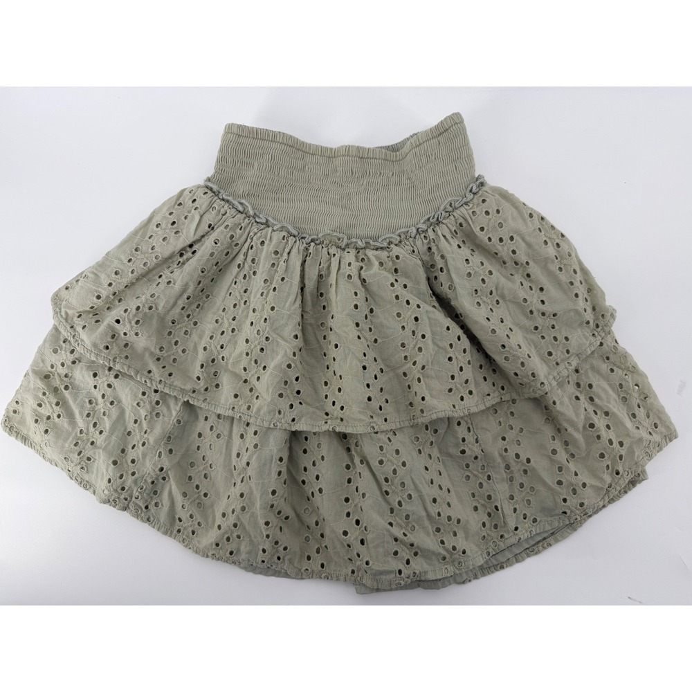 Hollister Sage Green Eyelet Tiered Mini Skirt Ultra High-Rise Smocked XXS